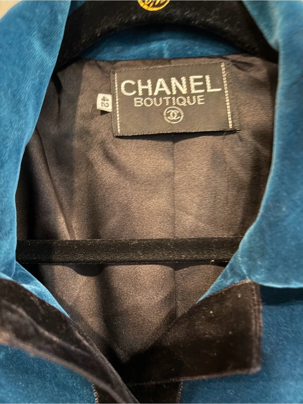 Vtg CHANEL teal blue Velvet Button-Front Jacket Blazer Sz 42